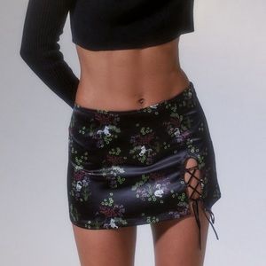UO Blossom Satin Printed Lace-Up Mini Skirt